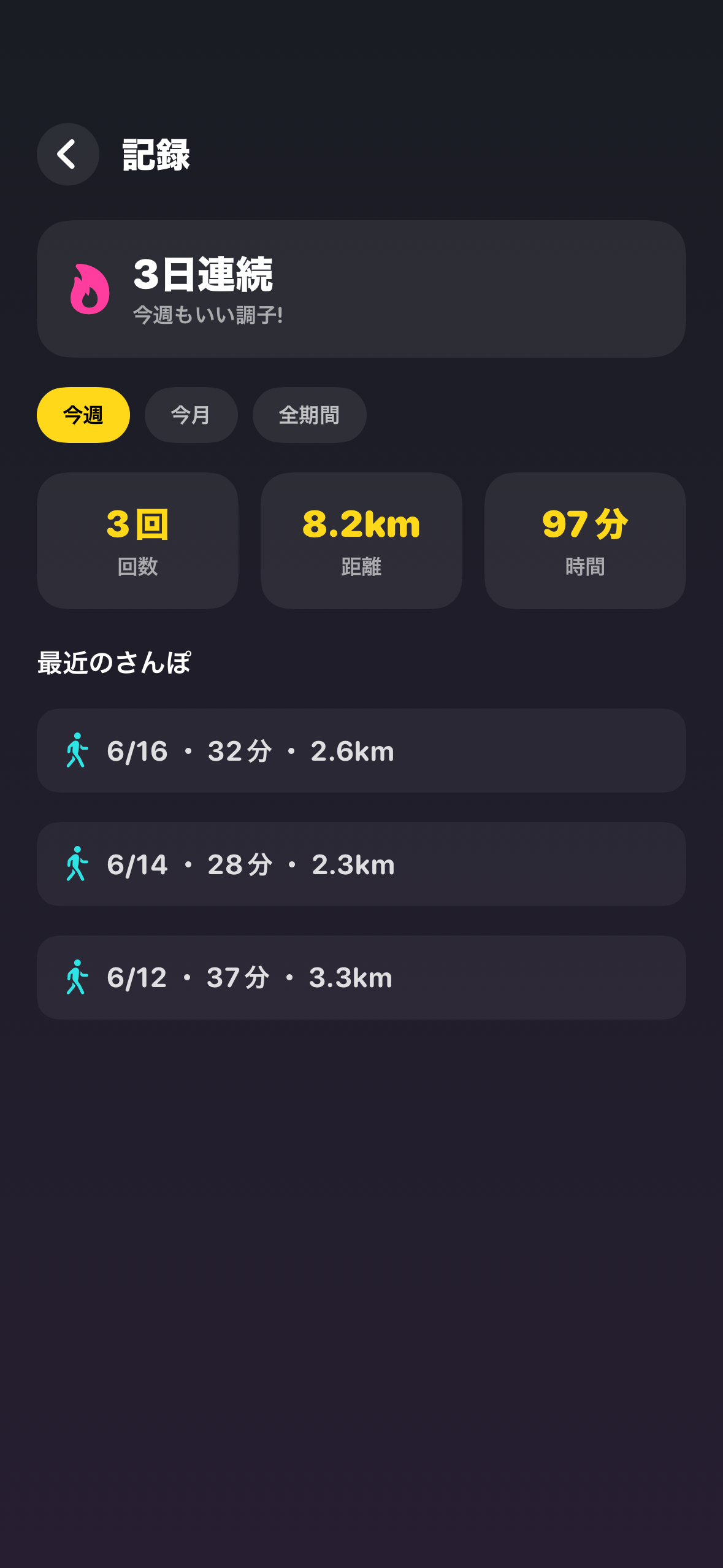 癖Naviの散歩記録画面。連続日数、距離、時間、最近の散歩履歴が表示されている